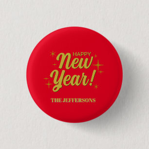 Gold Colour Red Happy New Year Merry Christmas 3 Cm Round Badge