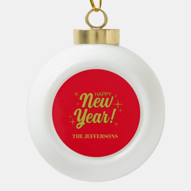 Gold Colour Red Happy New Year Merry Christmas Ceramic Ball Christmas Ornament (Front)