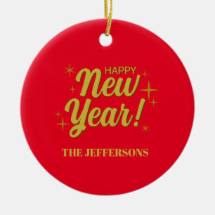 Gold Colour Red Happy New Year Merry Christmas Ceramic Tree Decoration
