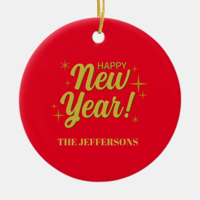 Gold Colour Red Happy New Year Merry Christmas Ceramic Tree Decoration (Front)