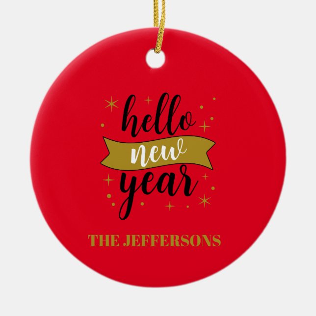 Gold Colour Red Happy New Year Merry Christmas Ceramic Tree Decoration (Front)