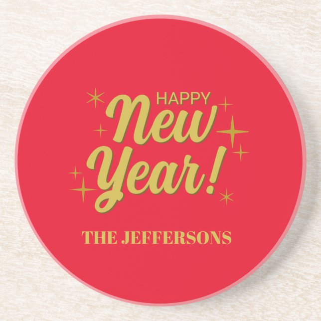 Gold Colour Red Happy New Year Merry Christmas Coaster (Front)