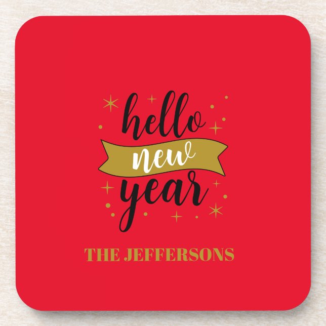 Gold Colour Red Happy New Year Merry Christmas Coaster (Front)