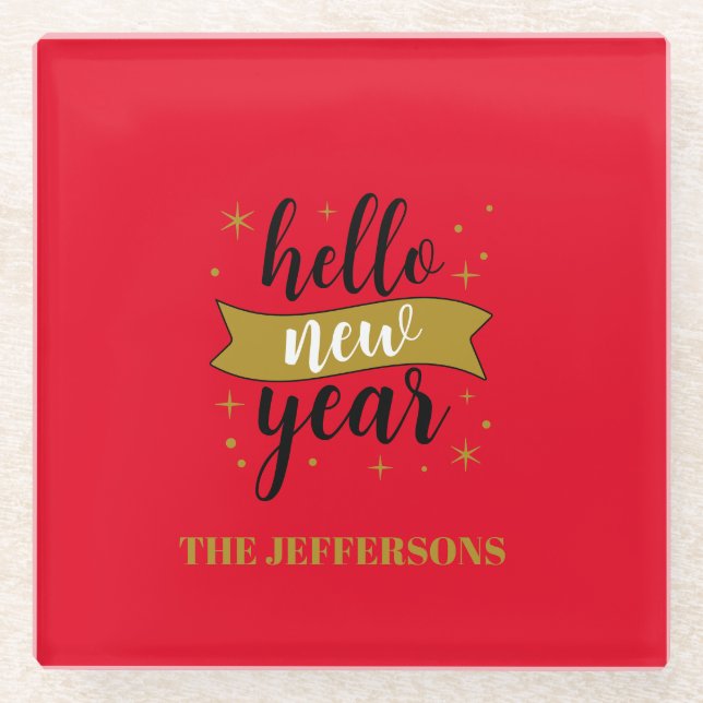 Gold Colour Red Happy New Year Merry Christmas Glass Coaster (Front)