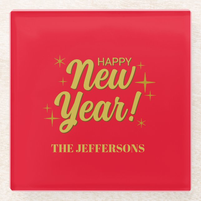 Gold Colour Red Happy New Year Merry Christmas Glass Coaster (Front)