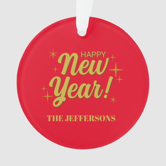Gold Colour Red Happy New Year Merry Christmas Ornament (Front)