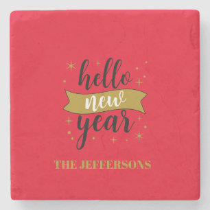 Gold Colour Red Happy New Year Merry Christmas Stone Coaster