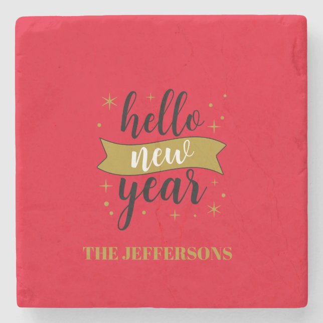 Gold Colour Red Happy New Year Merry Christmas Stone Coaster (Front)