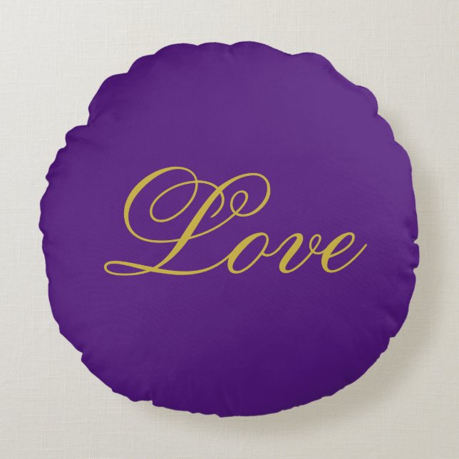 Gold Colour Script Love Purple Calligraphy Round Cushion (Front)
