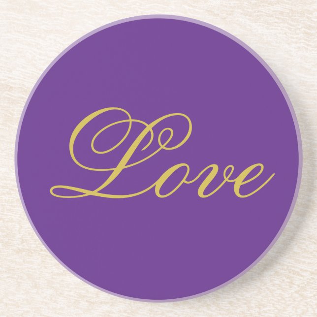 Gold Colour Script Love Purple Wedding Calligraphy Coaster (Front)