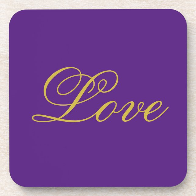 Gold Colour Script Love Purple Wedding Calligraphy Coaster (Front)
