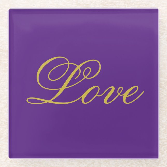 Gold Colour Script Love Purple Wedding Calligraphy Glass Coaster (Front)