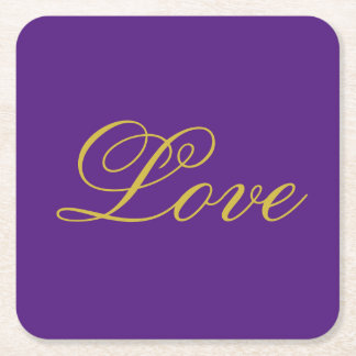 Gold Colour Script Love Purple Wedding Calligraphy Square Paper Coaster