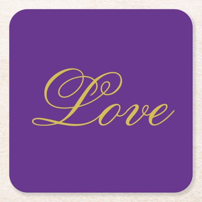 Gold Colour Script Love Purple Wedding Calligraphy Square Paper Coaster (Front)