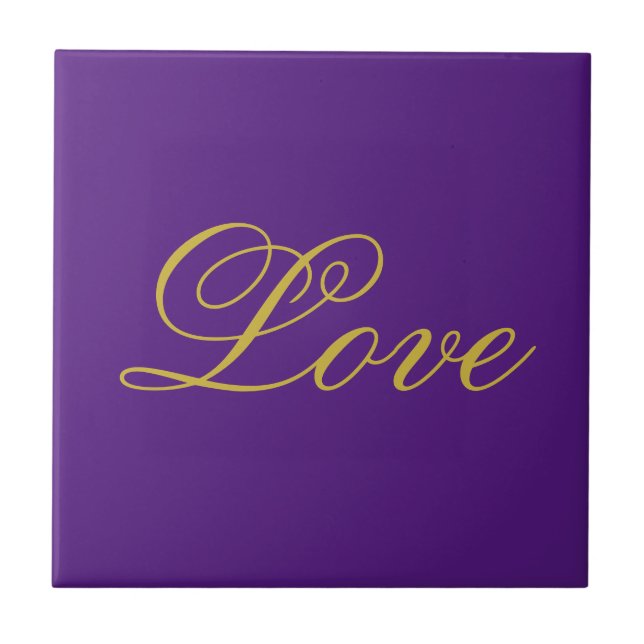Gold Colour Script Love Purple Wedding Calligraphy Tile (Front)