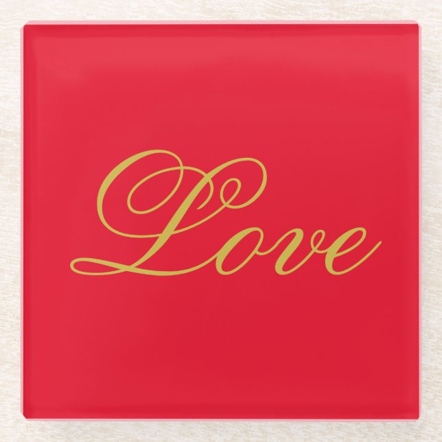 Gold Colour Script Red Love Wedding Calligraphy Glass Coaster (Front)