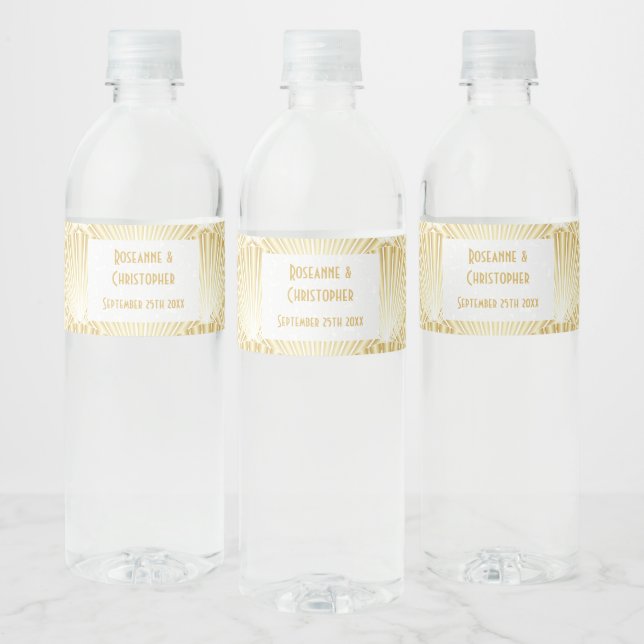 Gold Coloured Art Deco Design Wedding Water Bottle Label (Bottles)