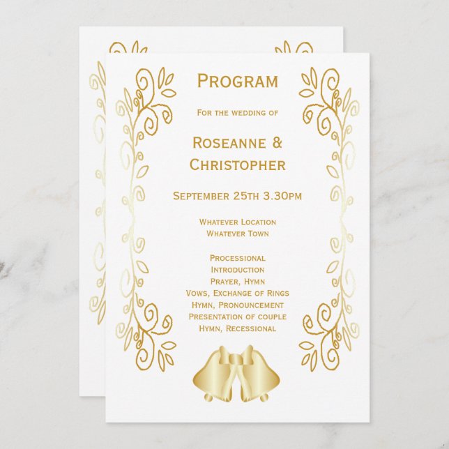 Gold Coloured Bells Design Wedding Programme (Front/Back)