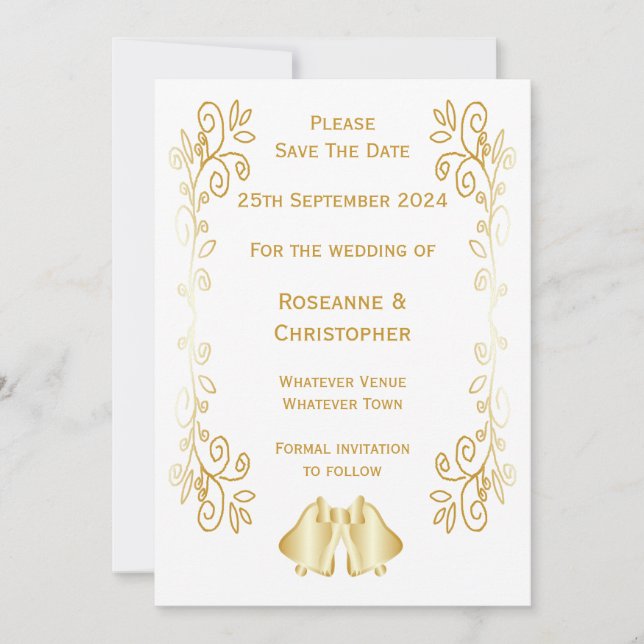 Gold Coloured Bells Design Wedding Save The Date (Front)