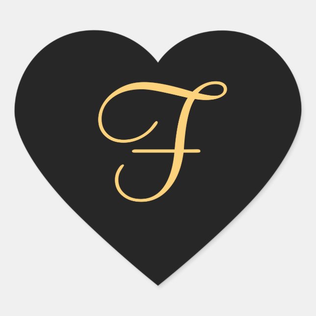 Gold-coloured initial f on black background, heart sticker (Front)