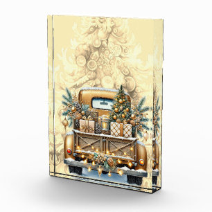 Gold Coloured Vintage Truck Merry Christmas Photo Block