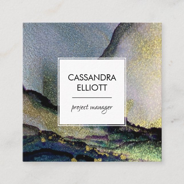 Gold & Colourful Abstract Alcohol Ink Liquid Art Square Business Card (Front)