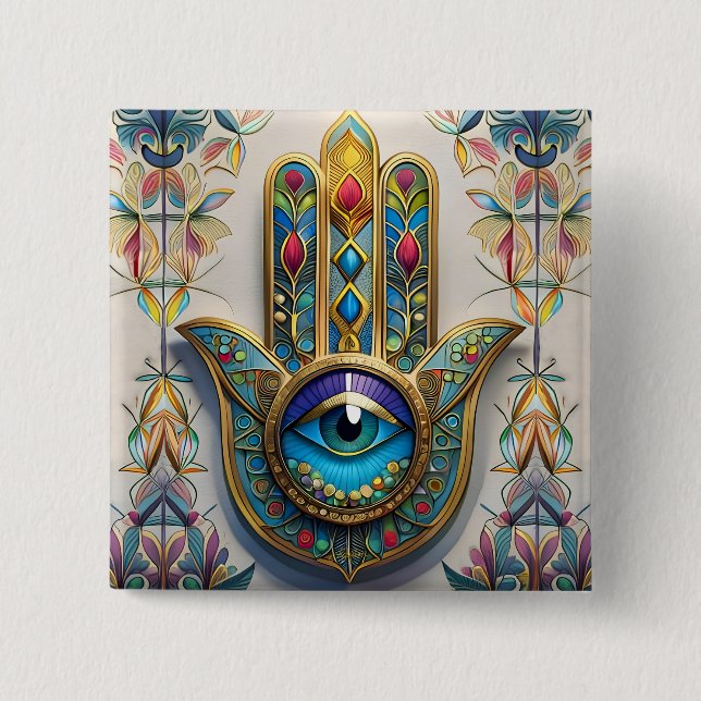 Gold Colourful Filigree Blue-Green Third Eye Hamsa 15 Cm Square Badge (Front)