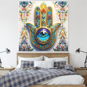 Gold Colourful Filigree Blue-Green Third Eye Hamsa Canvas Print