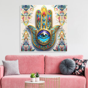 Gold Colourful Filigree Blue-Green Third Eye Hamsa Canvas Print