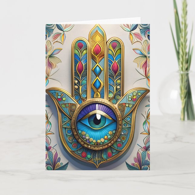 Gold Colourful Filigree Blue-Green Third Eye Hamsa Card (Front)