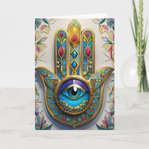 Gold Colourful Filigree Blue-Green Third Eye Hamsa Card