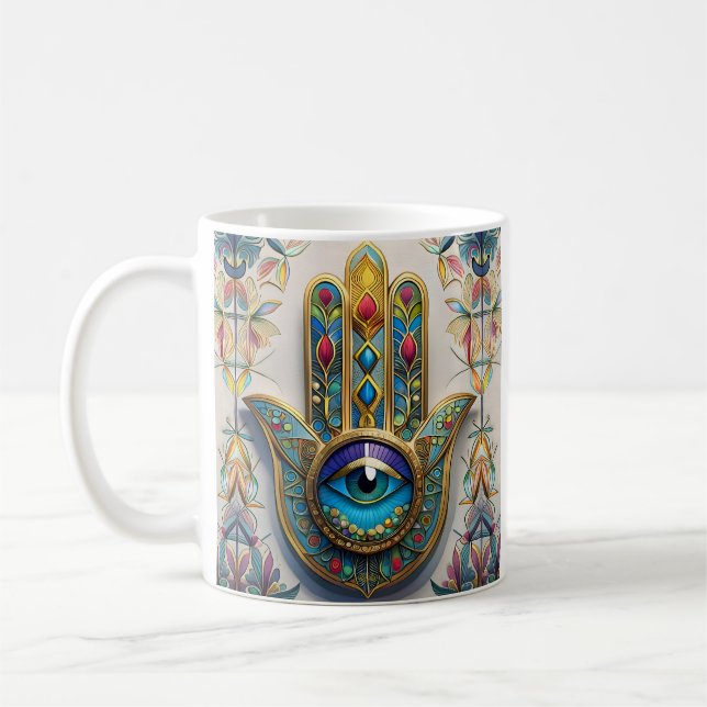 Gold Colourful Filigree Blue-Green Third Eye Hamsa Coffee Mug (Left)