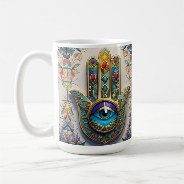 Gold Colourful Filigree Blue-Green Third Eye Hamsa Coffee Mug (Left)