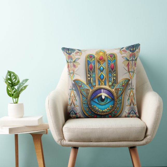Gold Colourful Filigree Blue-Green Third Eye Hamsa Cushion (Chair)