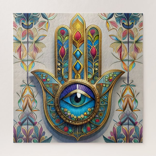 Gold Colourful Filigree Blue-Green Third Eye Hamsa Jigsaw Puzzle (Vertical)