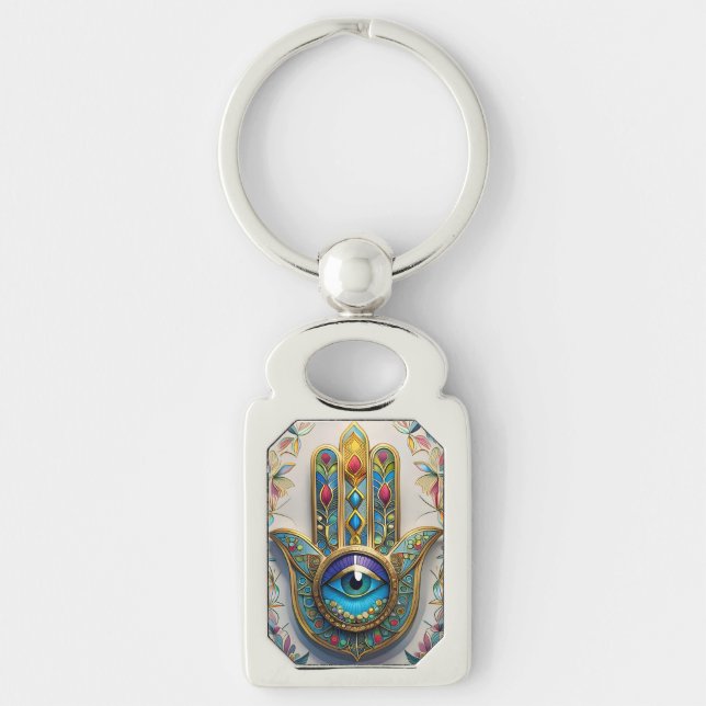Gold Colourful Filigree Blue-Green Third Eye Hamsa Key Ring (Front)
