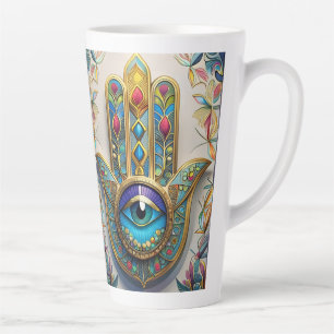 Gold Colourful Filigree Blue-Green Third Eye Hamsa Latte Mug