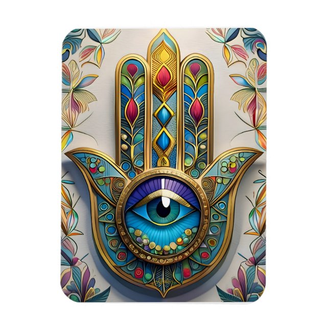 Gold Colourful Filigree Blue-Green Third Eye Hamsa Magnet (Vertical)