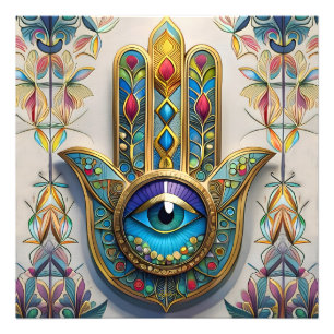 Gold Colourful Filigree Blue-Green Third Eye Hamsa Photo Print