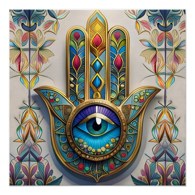 Gold Colourful Filigree Blue-Green Third Eye Hamsa Poster (Front)