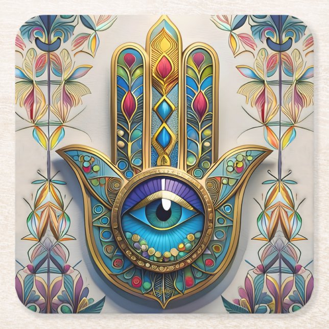 Gold Colourful Filigree Blue-Green Third Eye Hamsa Square Paper Coaster (Front)