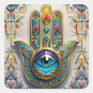 Gold Colourful Filigree Blue-Green Third Eye Hamsa Square Sticker