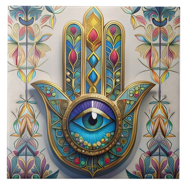 Gold Colourful Filigree Blue-Green Third Eye Hamsa Tile (Front)