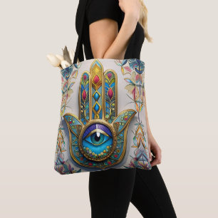 Gold Colourful Filigree Blue-Green Third Eye Hamsa Tote Bag