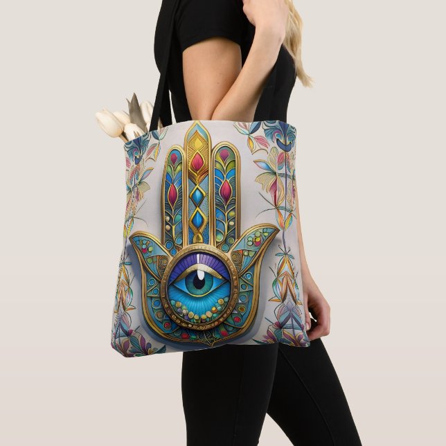 Gold Colourful Filigree Blue-Green Third Eye Hamsa Tote Bag (Close Up)