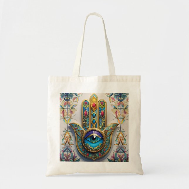 Gold Colourful Filigree Blue-Green Third Eye Hamsa Tote Bag (Front)