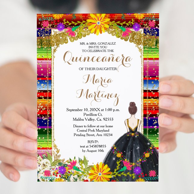 Gold Colourful Floral Quinceañera Birthday  Invitation (Creator Uploaded)
