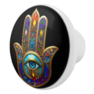 Gold Colourful Hamsa Turquoise Sapphire Third Eye  Ceramic Knob