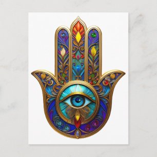 Gold Colourful Hamsa Turquoise Sapphire Third Eye Postcard