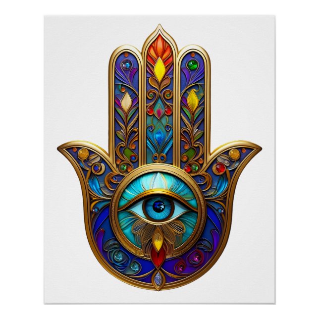Gold Colourful Hamsa Turquoise Sapphire Third Eye  Poster (Front)